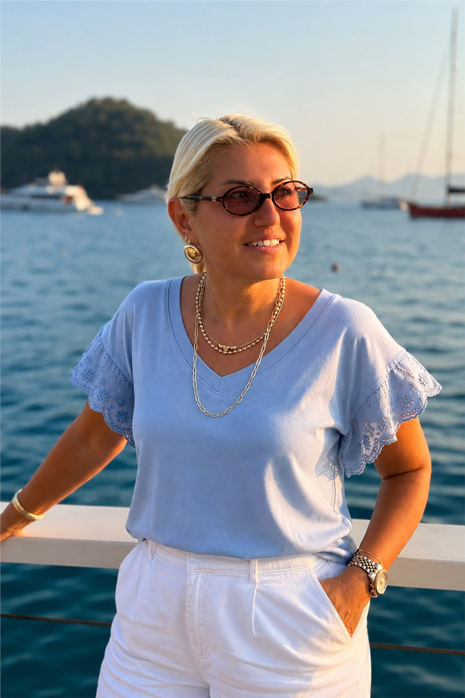 Mavi V Yaka Kolları Fisto Penye TShirtTSH26001210-MAVI-STD