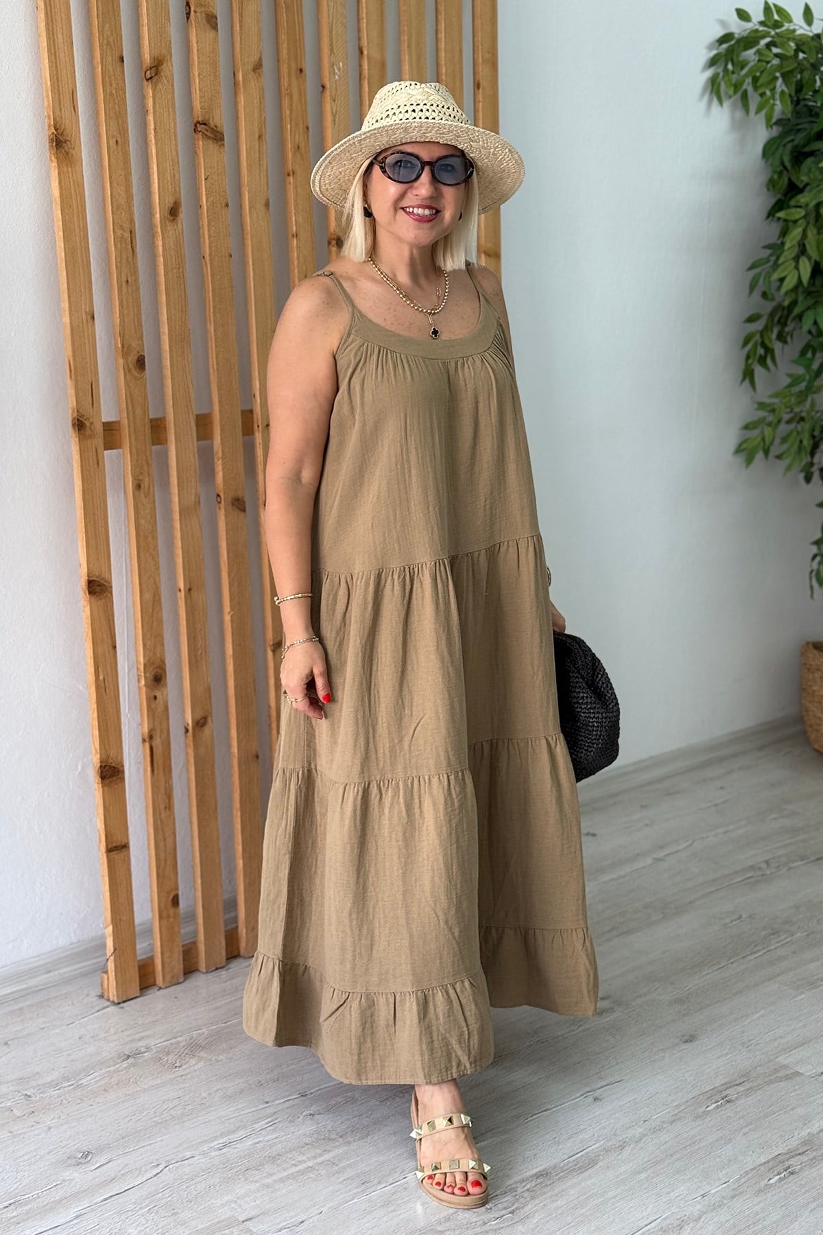 Olive Ayarlanabilir Askılı Pamuk Uzun ElbiseELB26001052-OLIVE-S