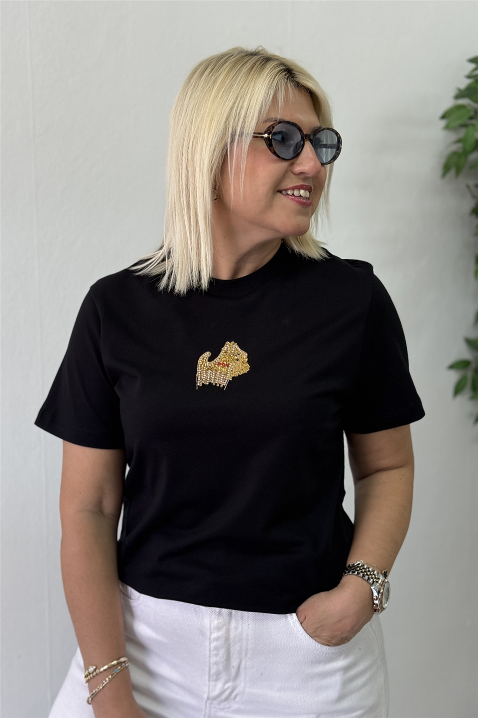Siyah Taş İşlemeli Figürlü Penye TshirtTSH26001209-SIYAH-S