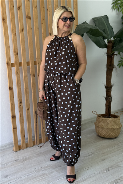 Kahve Halter Yaka Puantiyeli Pamuk Keten İkili TakımUTK25012016-KAHVE-S