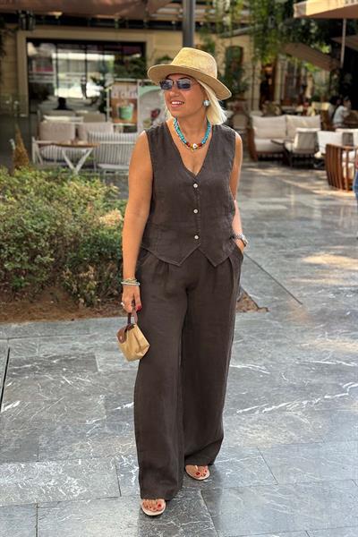Kahve İthal Pamuk Keten Yelek Pantolon TakımUTK2501165-KAHVE-STD