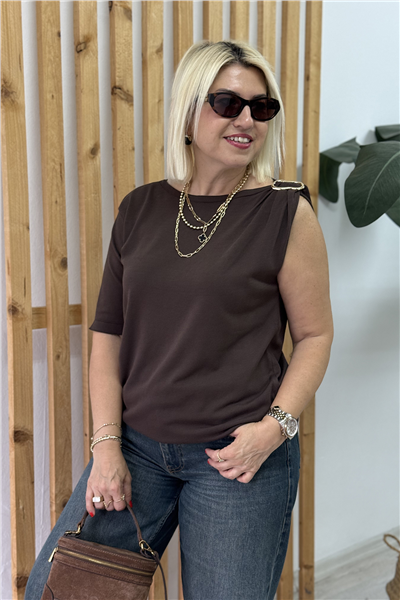 Kahve Tek Kol Aksesuar Detaylı Viscose Düz TrikoUT26001060-KAHVE-STD