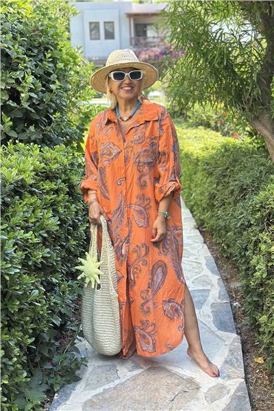Orange Şal Desen İthal Pamuk ElbiseELB2401312-ORANGE-STD