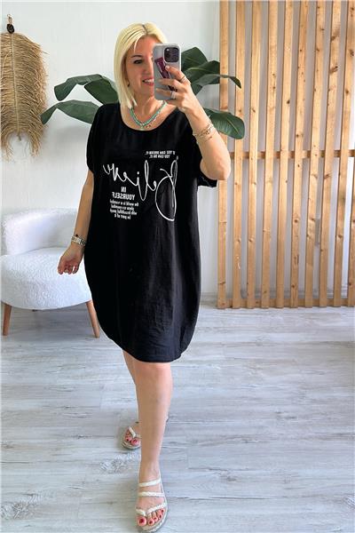 Siyah Bisiklet Yaka Baskılı Ön Cotton Sırt Penye ElbiseELB2401281-SIYAH-STD