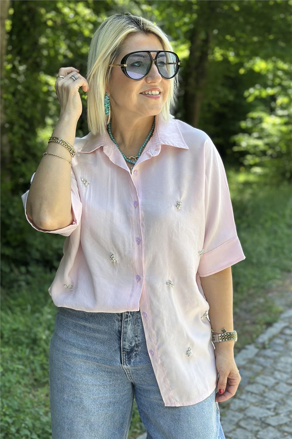 Açık Pembe Taş Nakışlı Tansel GömlekUG02412121-ACIKPEMBE-S