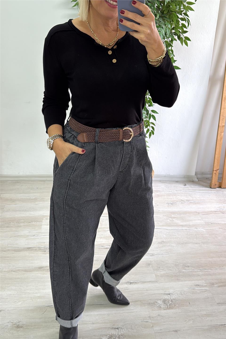 Antrasit Kemerli Dikiş Detaylı Beli Lastikli Lycralı Denim PantolonAPNT20250919-ANTRASIT-STD