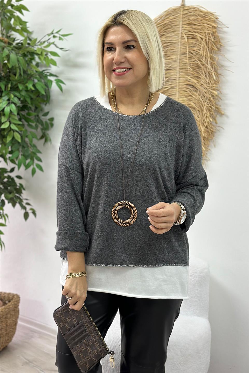 Antrasit T-Shirt Detaylı Kolyeli Triko BluzUBL2412224-ANTRASIT-STD