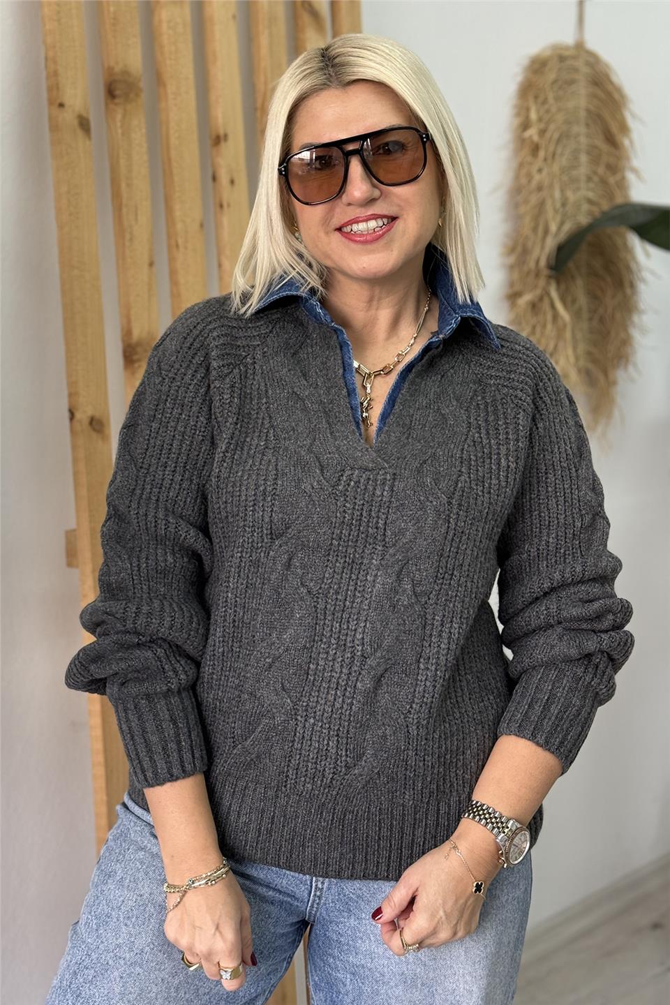 Antrasit Yakası Denim Garnil Saç Örgülü KazakUT2601024-ANTRASIT-STD