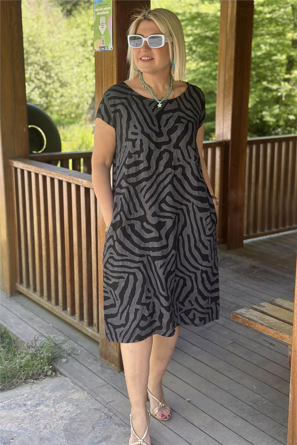Antrasit Zebra Desen Keten ElbiseUK22321211241-ANTRASIT-STD