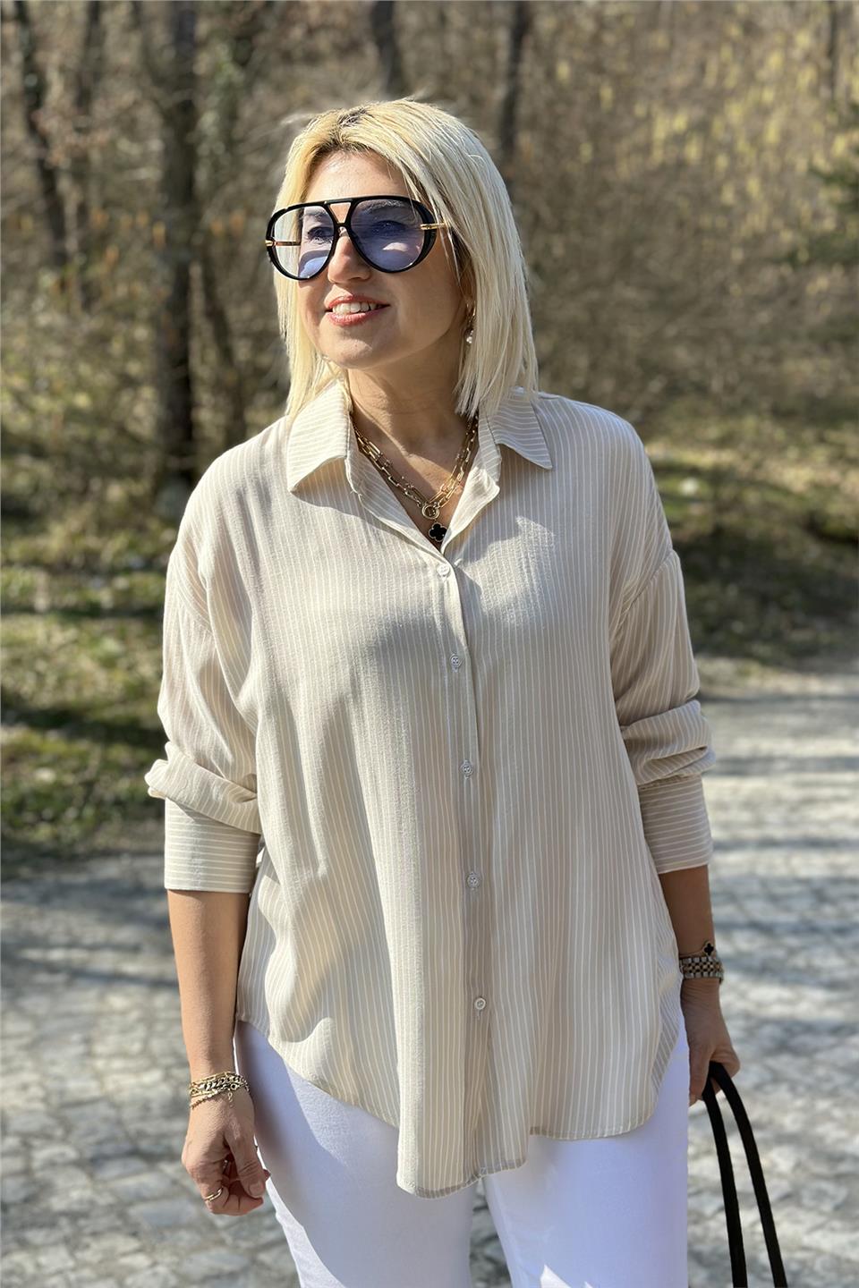Bej Çizgili Cotton Salaş GömlekUG02412111-BEJ-STD