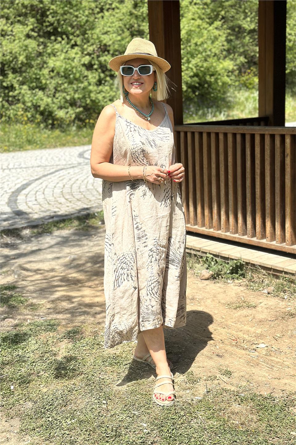 Bej Desenli Ayarlanabilir Askı Pamuk Keten ElbiseELB2401246-BEJ-STD