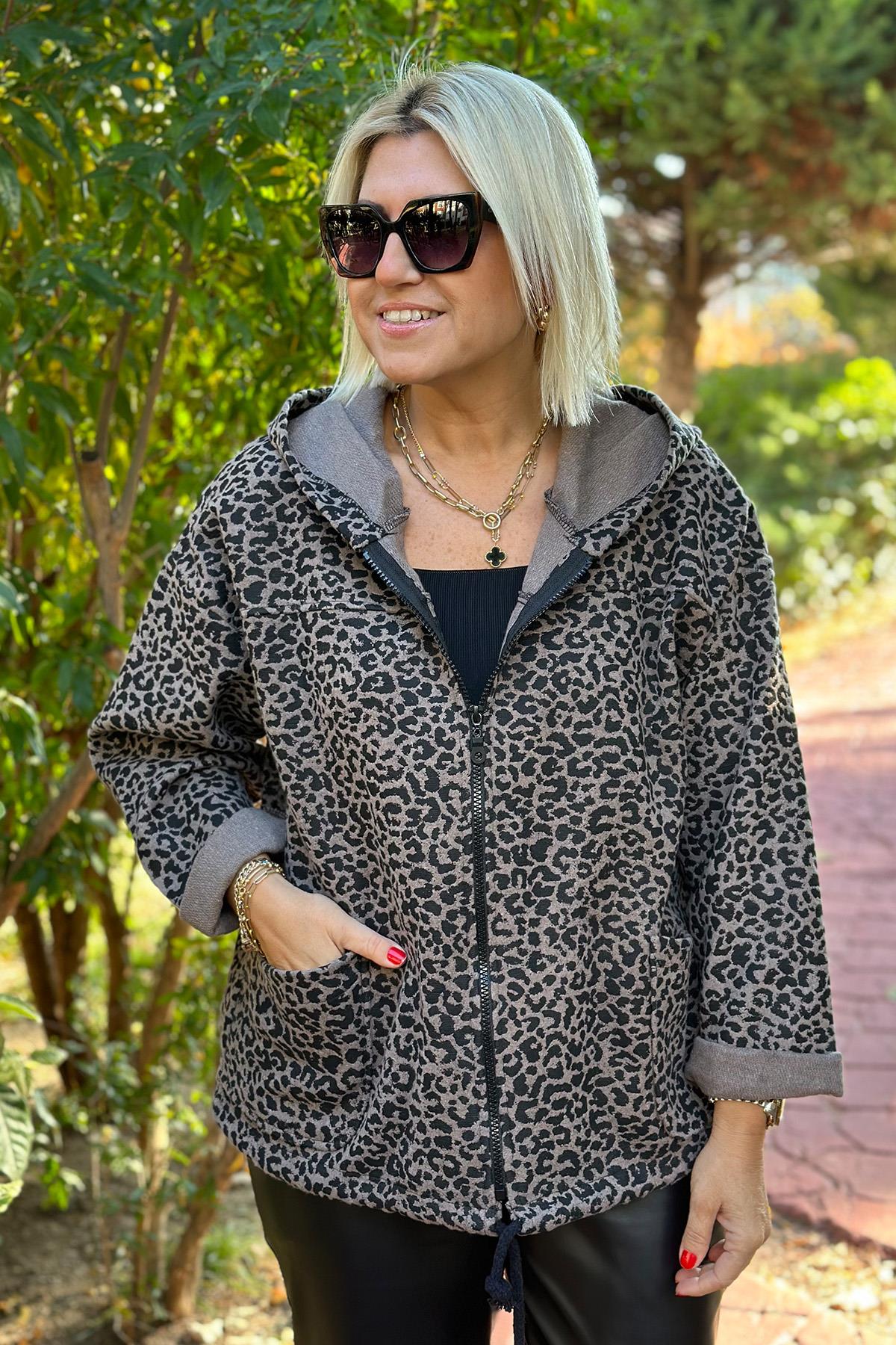 Bej Kapşonlu Leopar Desenli MontDM24111903-BEJ-STD