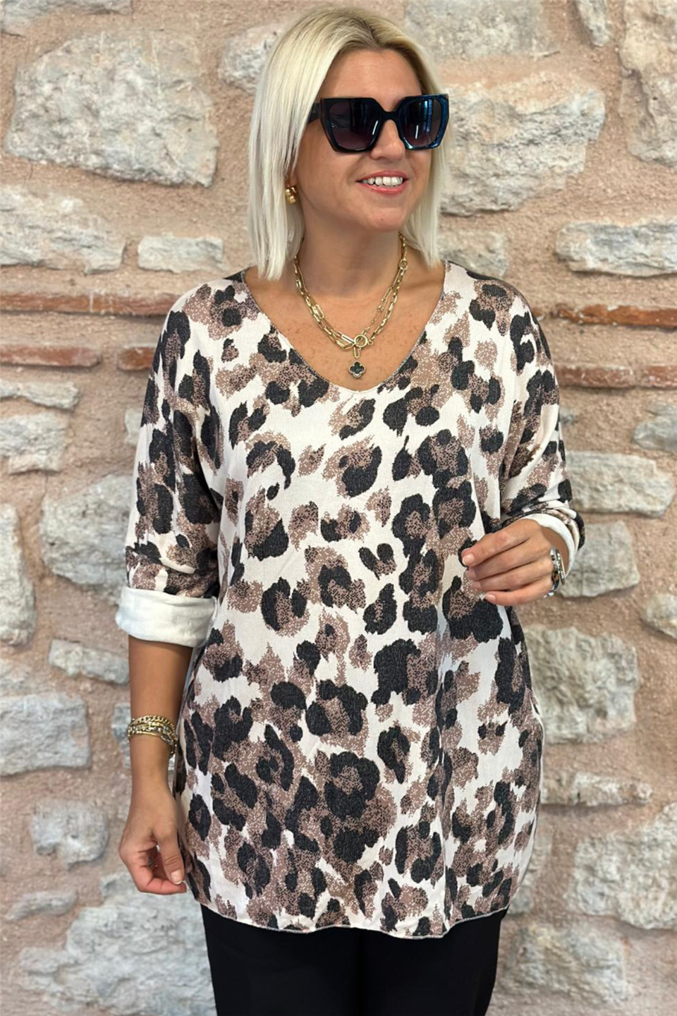 Bej V Yaka Desenli Angora Mevsimlik TrikoUK228020228-BEJ-STD
