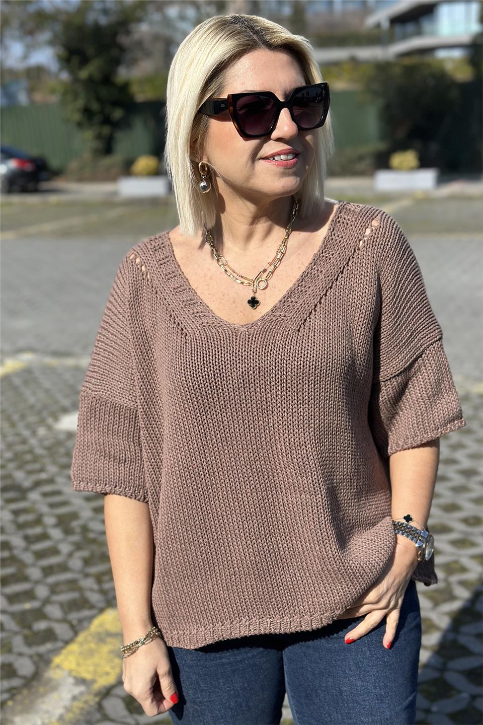 Bej V Yaka Salaş Örme TrikoUT24110976-BEJ-STD