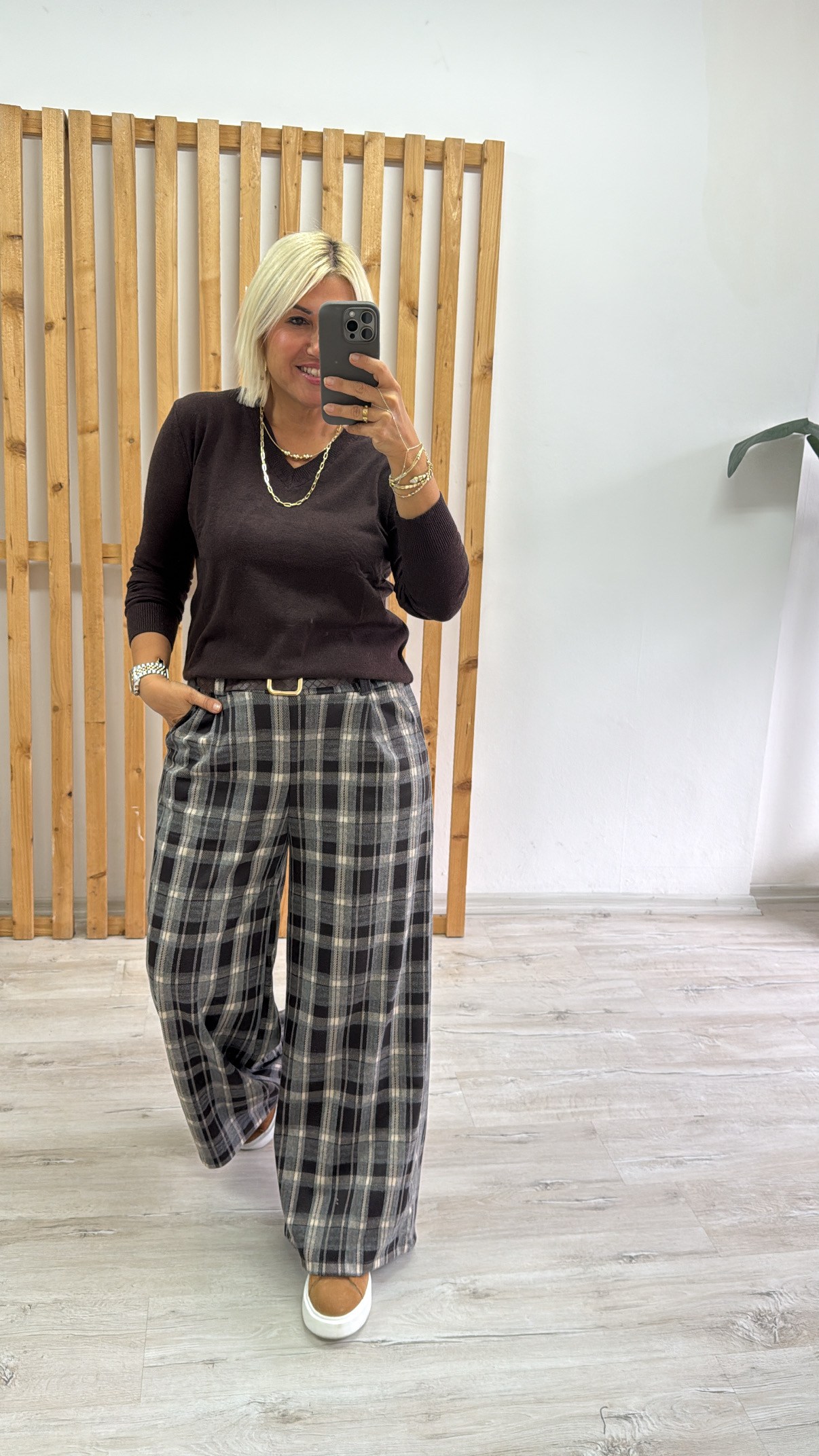 Beli Kemerli Bol Paça Ekose PantolonAPNT20250995-KAHVE-STD