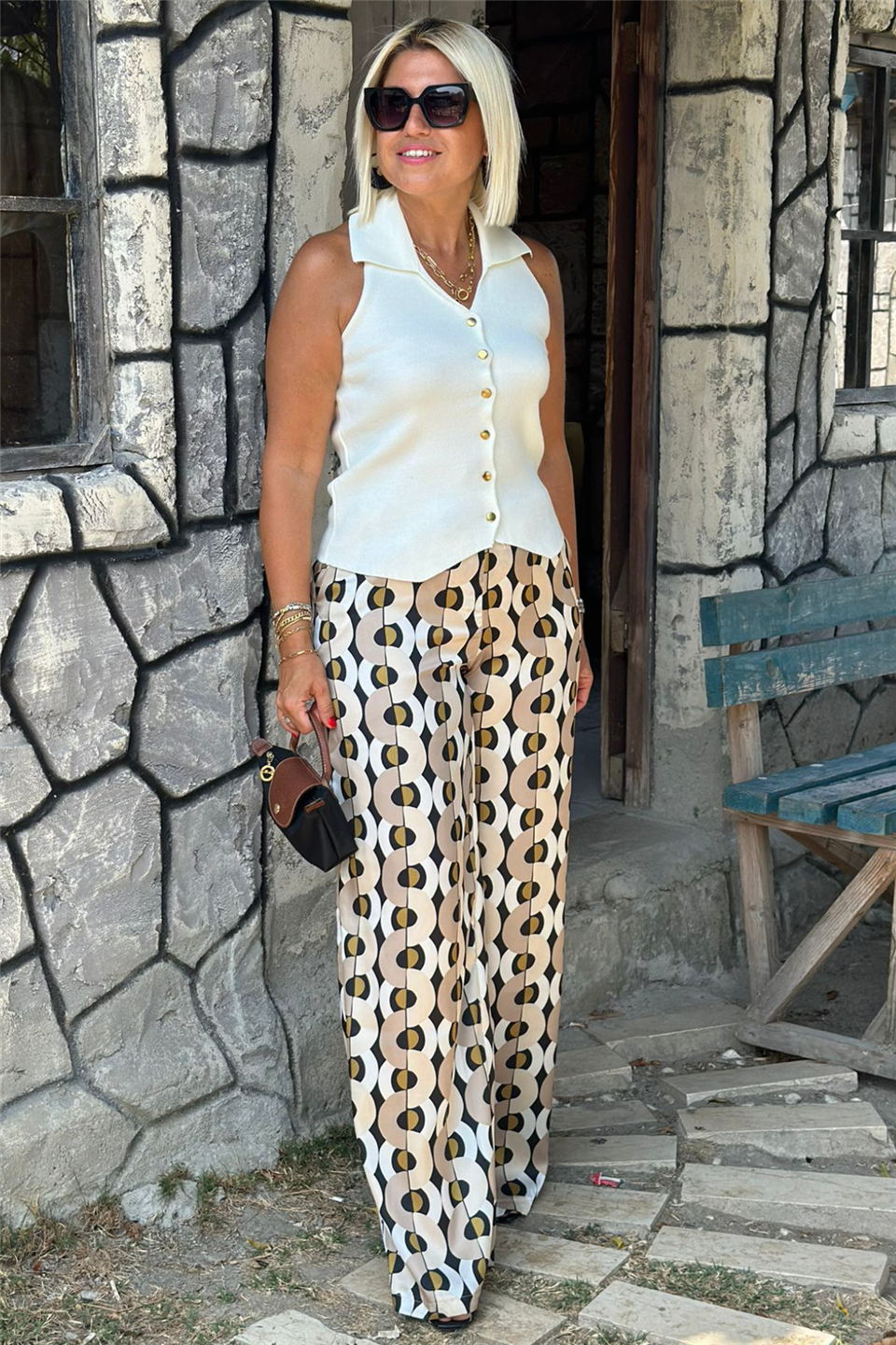 Beli Lastikli Desenli Saten Bol Paça PantolonAK224053-BEJ-S