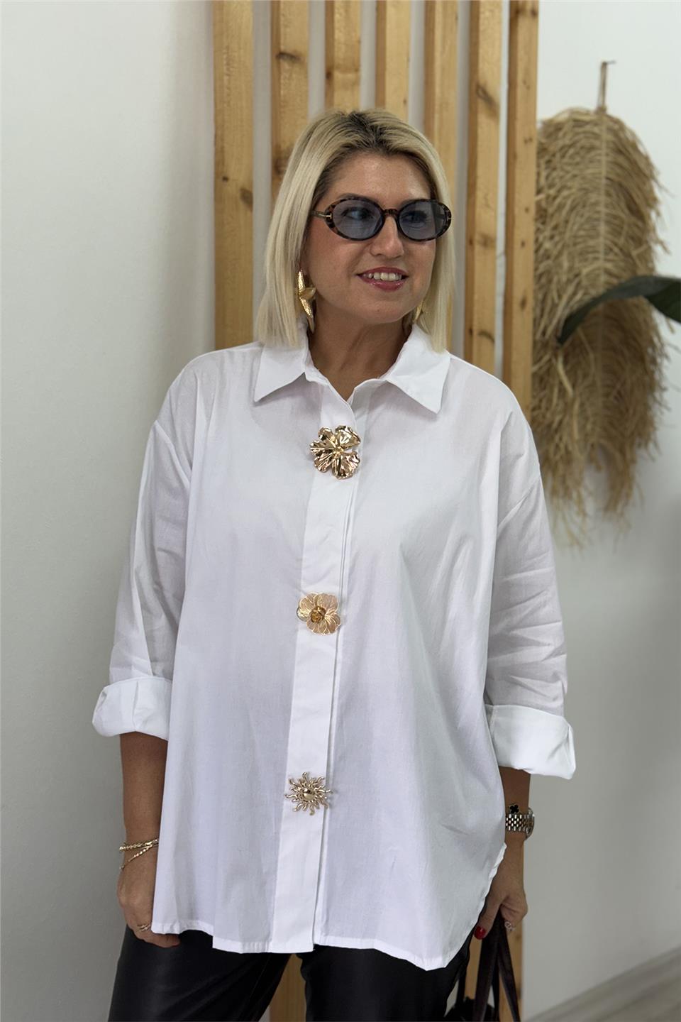 Beyaz Aksesuar İğneli Salaş Cotton GömlekUG02412143-BEYAZ-STD