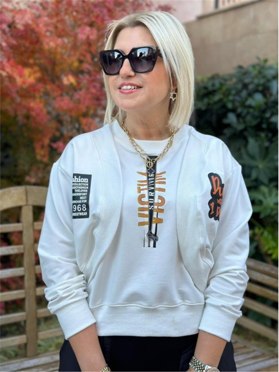 Beyaz Baskılı Hırkalı Sweatshirt  UK2250158-Beyaz