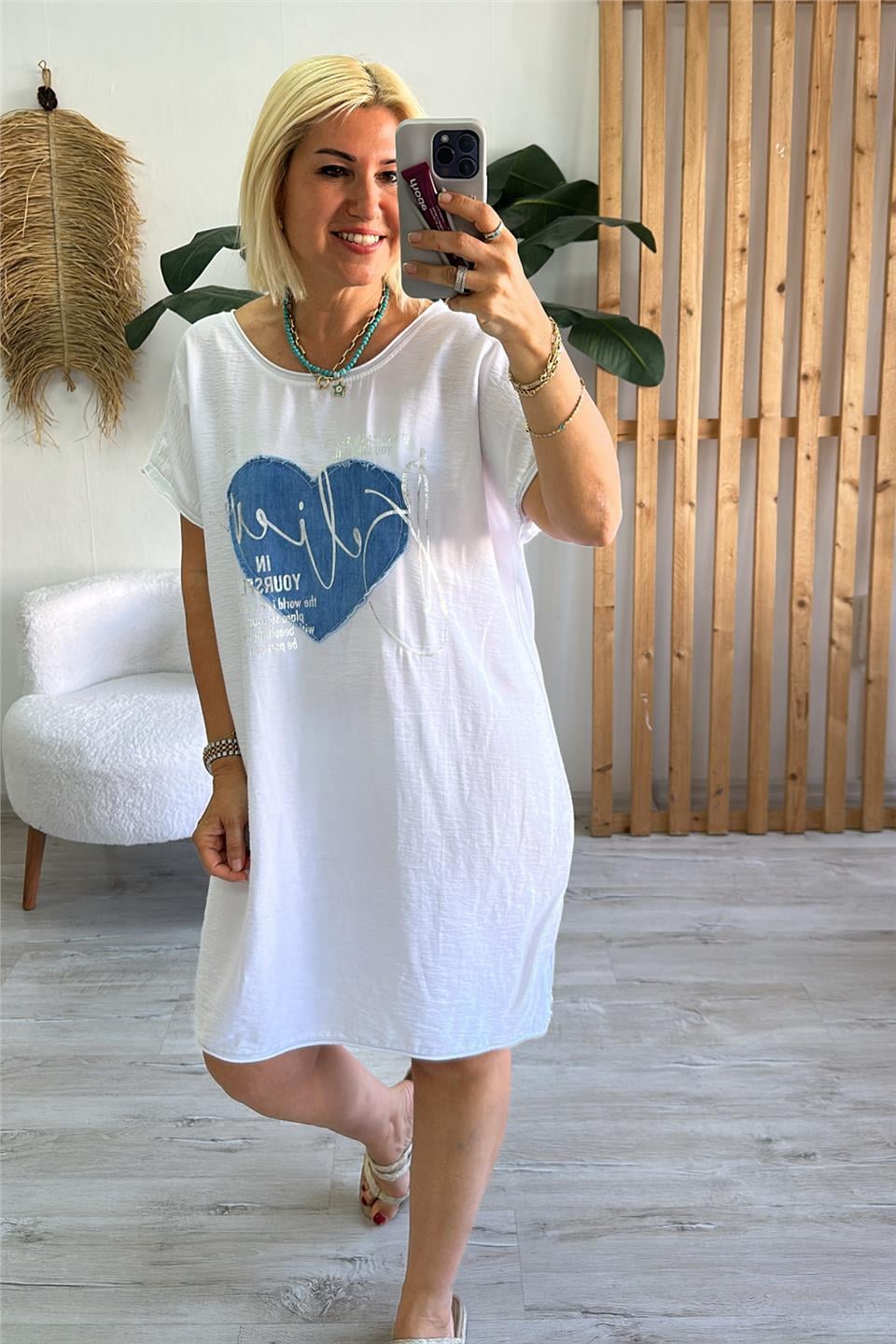 Beyaz Bisiklet Yaka Baskılı Ön Cotton Sırt Penye ElbiseELB2401281-BEYAZ-STD