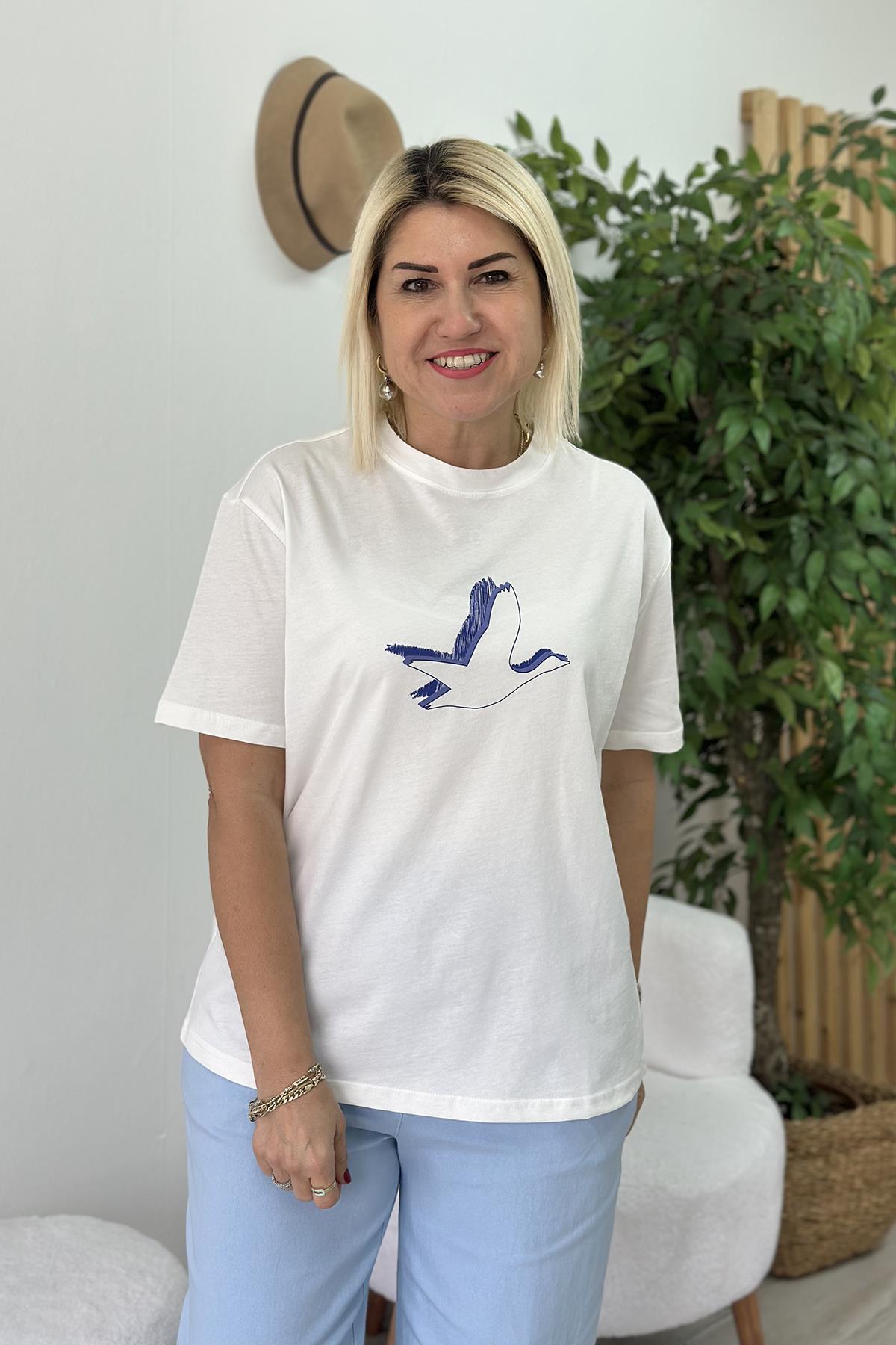 Beyaz Çift Renk Kuş Baskılı Cotton TShirtUTS25002061-BEYAZ-S