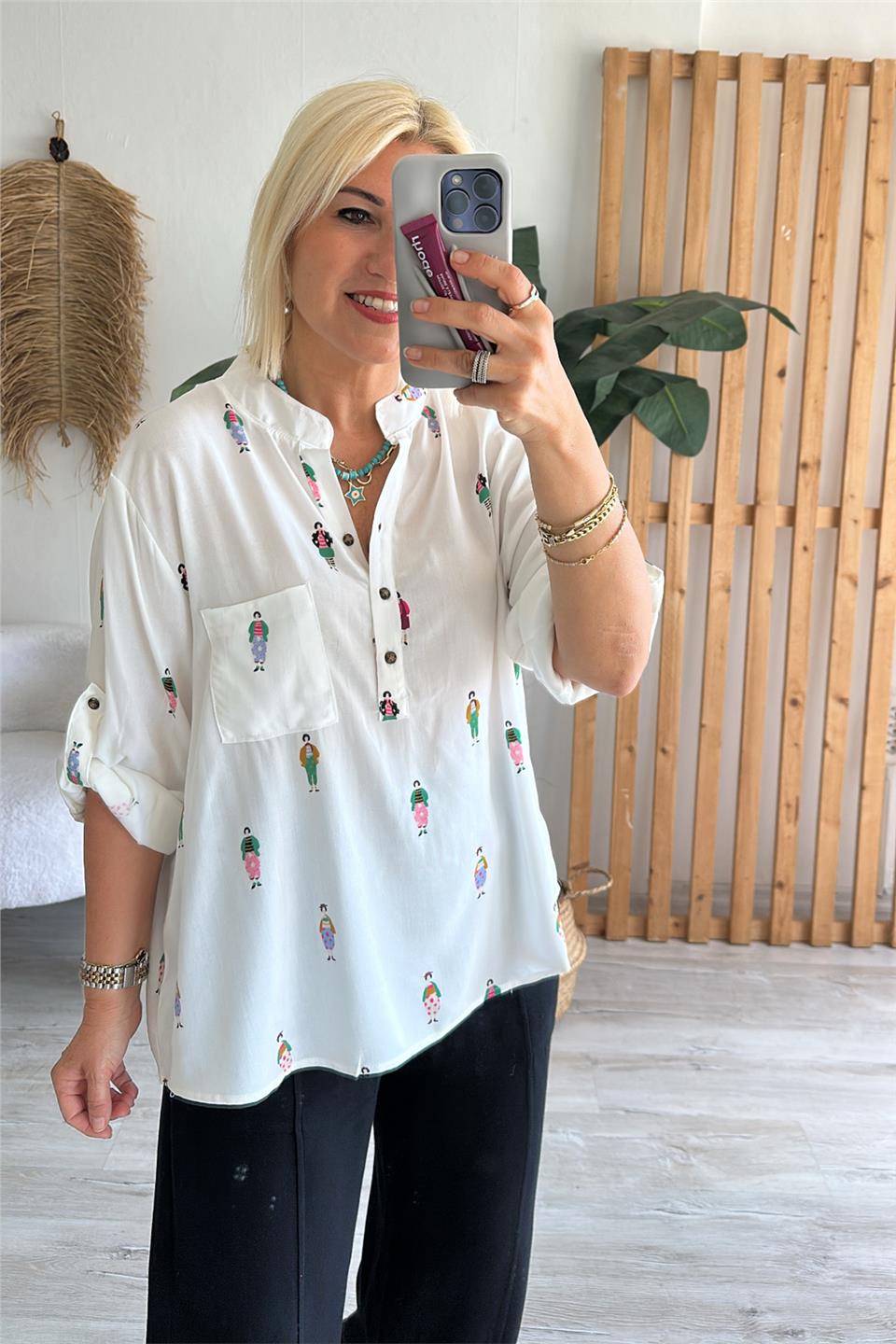 Beyaz Figür Baskılı Beyaz Cotton GömlekUG02412122-BEYAZ-STD