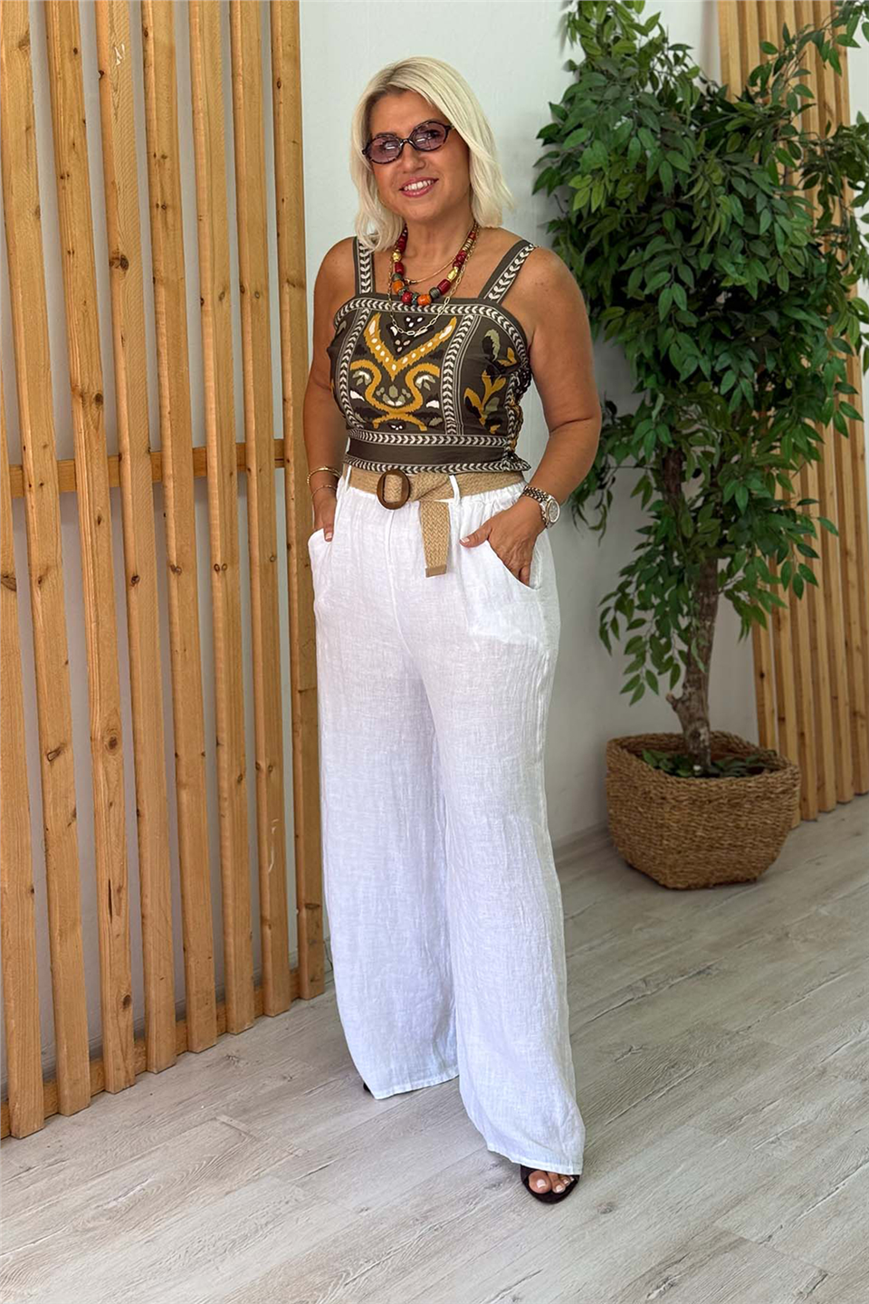 Beyaz Hasır Kemerli Bol Paça Keten PantolonAPNT20250987-BEYAZ-STD