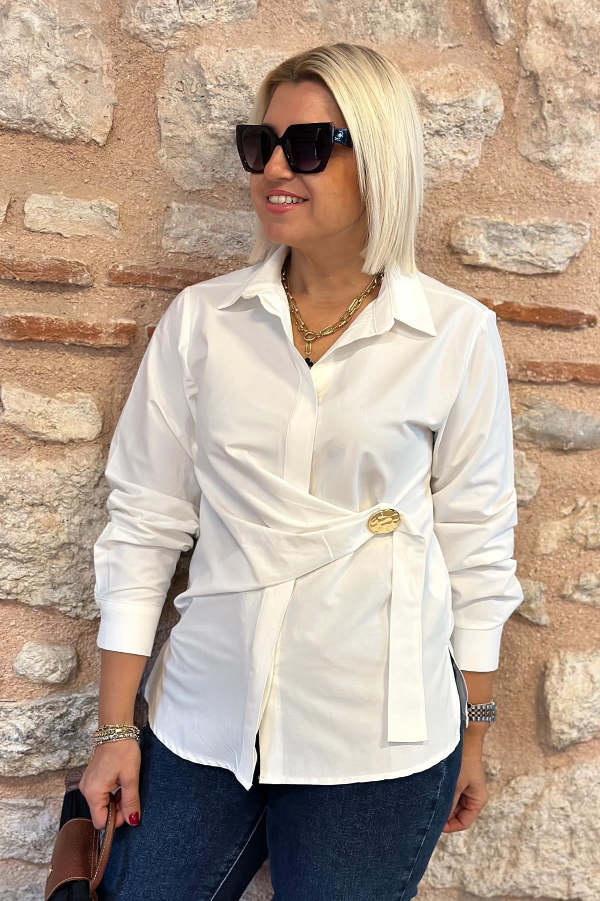 Beyaz Kuşak Düğmeli Cotton GömlekUK2240182-BEYAZ-S