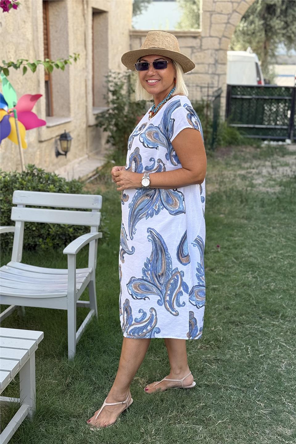 Beyaz Şal Desen Midi Boy Pamuk Viskon ElbiseELB2401341-BEYAZ-STD