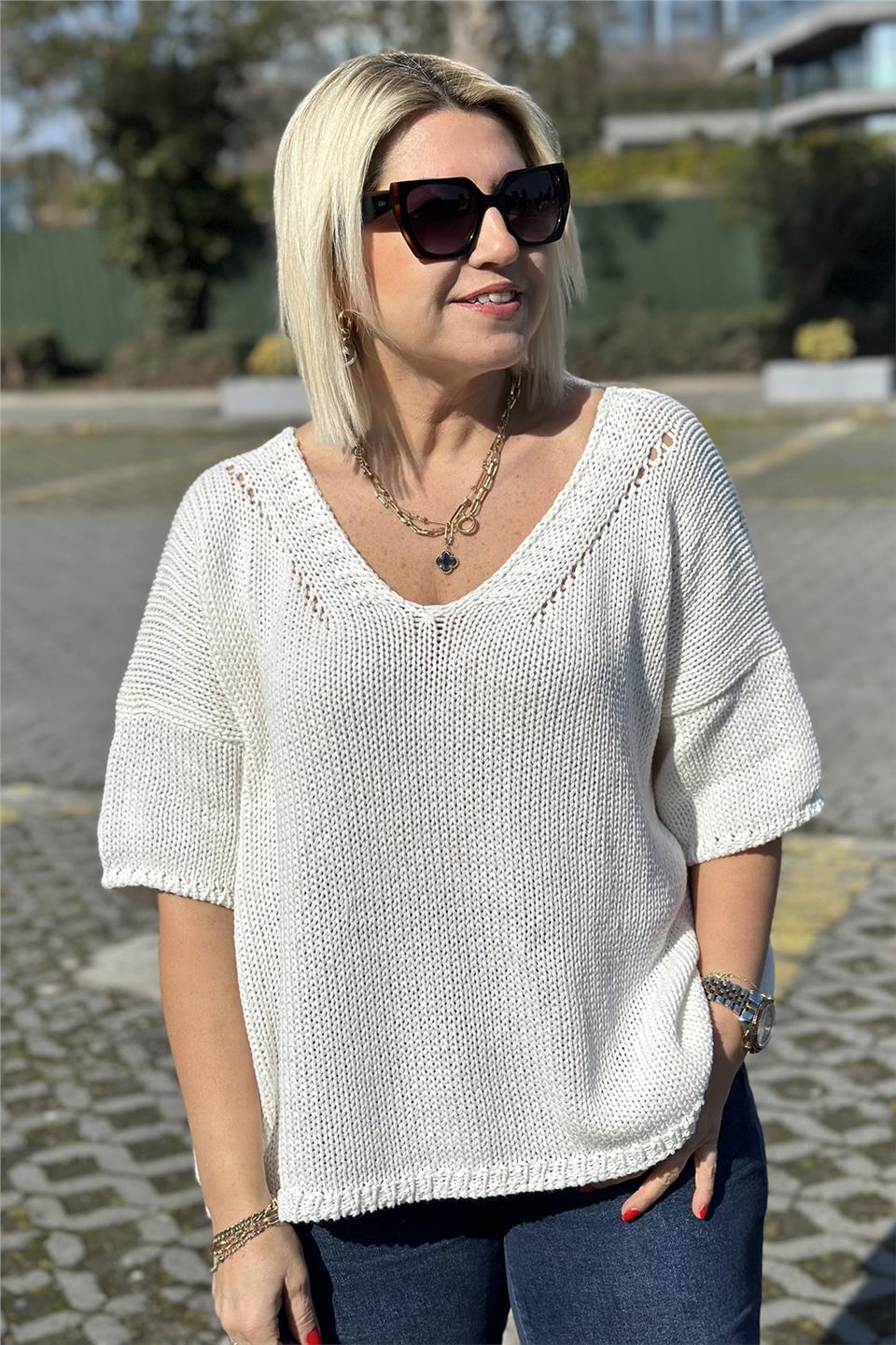 Beyaz V Yaka Salaş Örme TrikoUT24110976-BEYAZ-STD