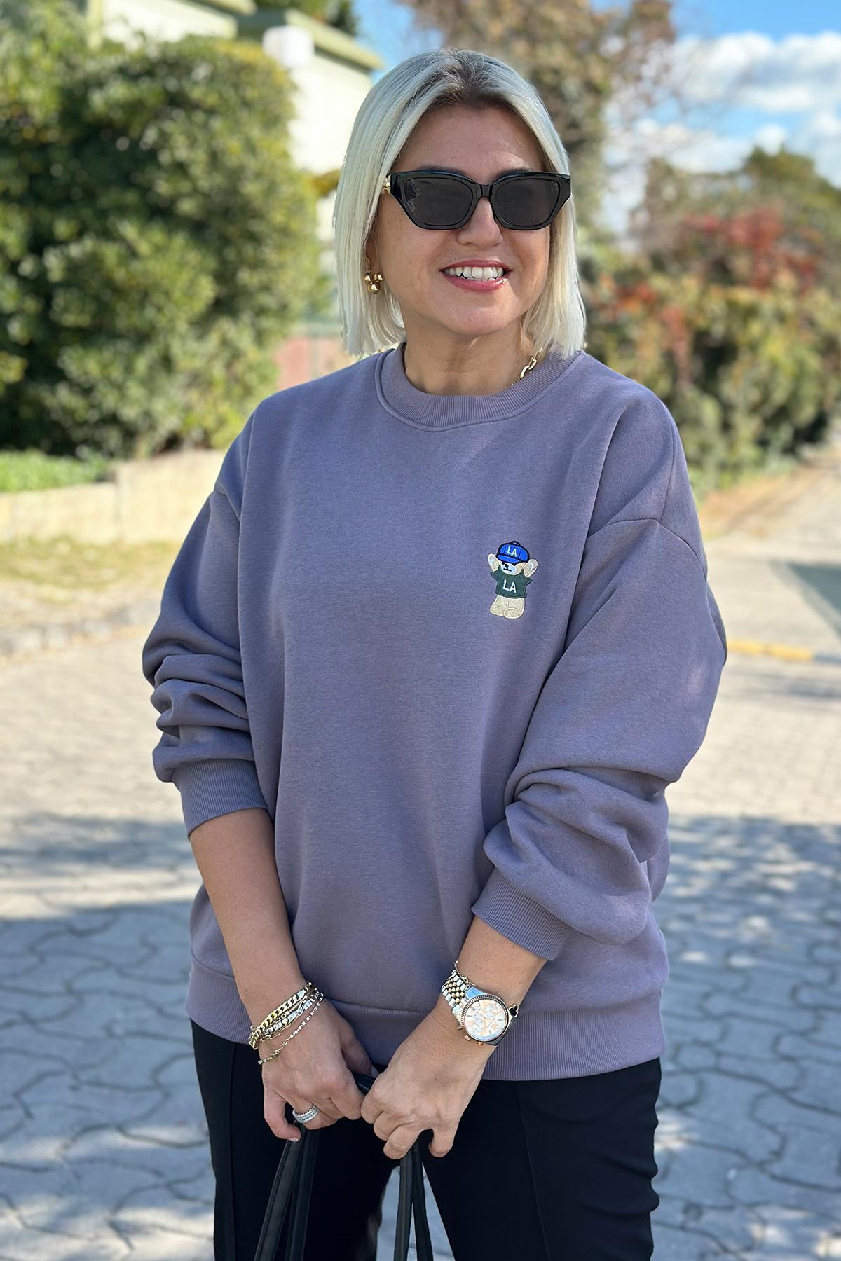 Bisiklet Yaka Teddy Nakışlı 3 İplik Şardonlu SweatshirtUK2250143-GRI-STD