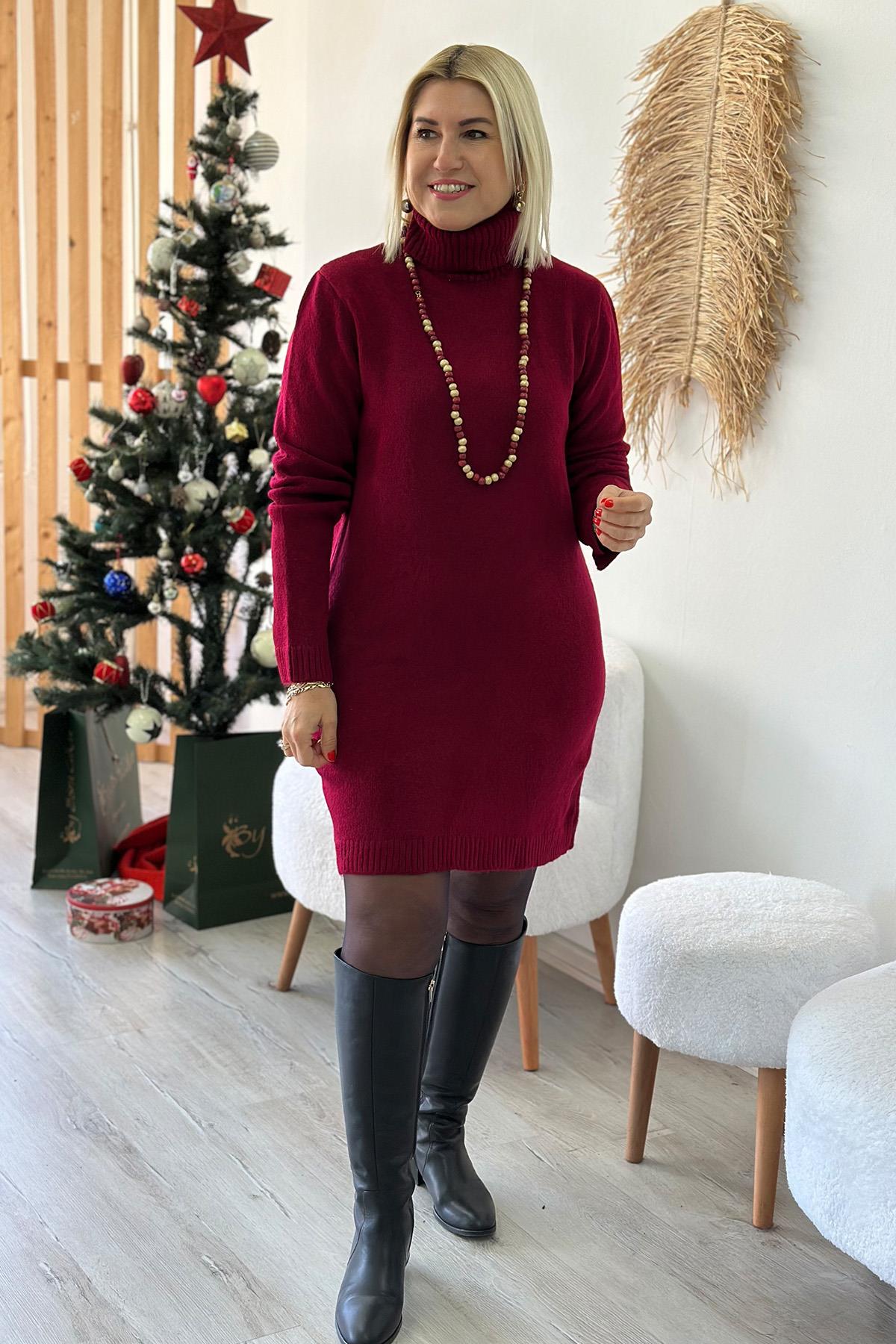 Bordo Balıkçı Yaka Kolyeli Triko ElbiseELB2401211-BORDO-STD