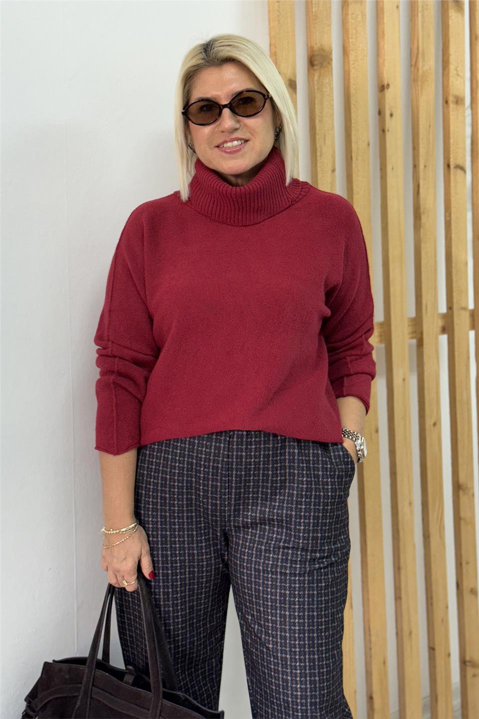 Bordo Balıkçı Yaka Viscose Basic Yumuşak TrikoUT24111030-BORDO-STD