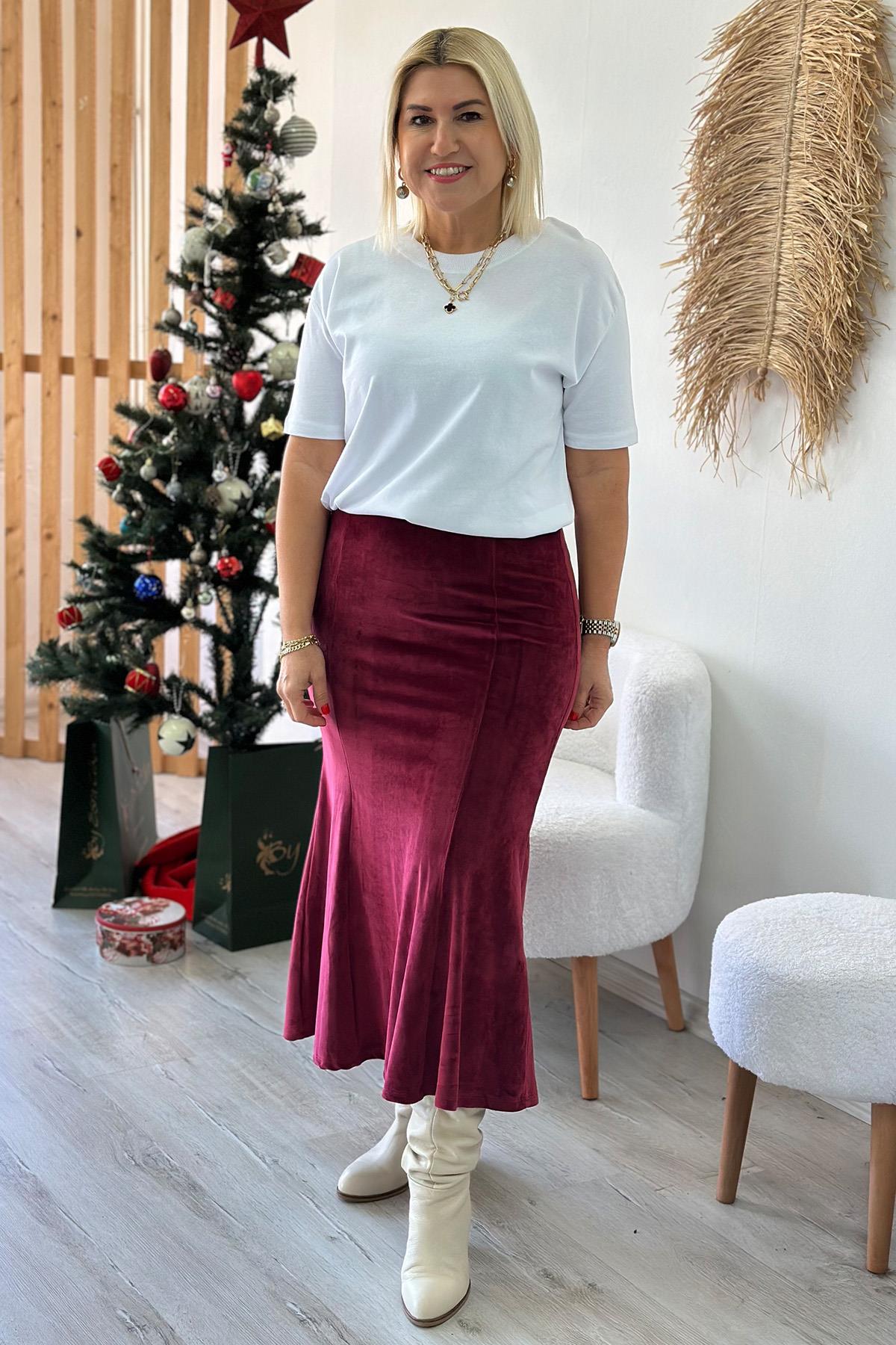 Bordo Beli Lastikli Kadife Çan EtekAY221068-BORDO-S
