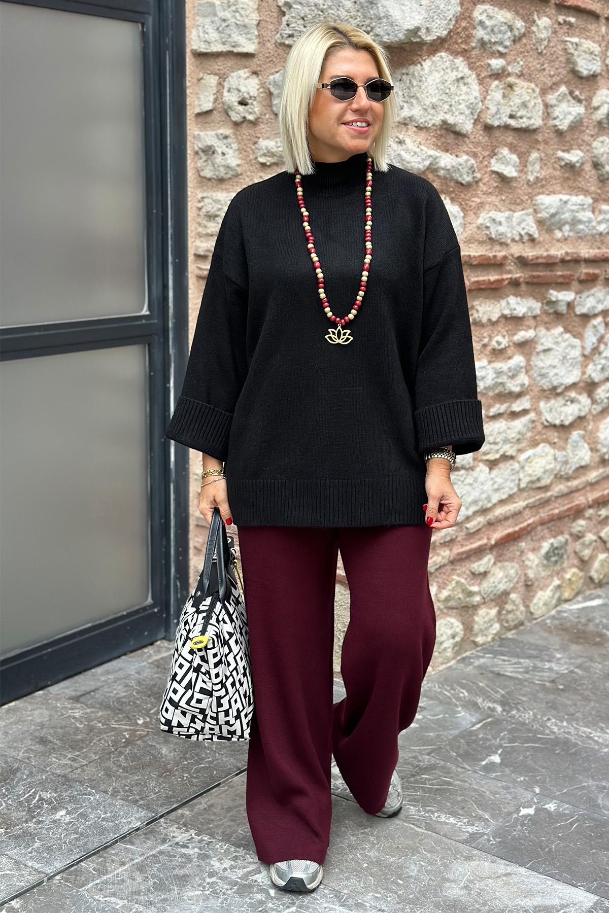 Bordo Beli Lastikli Triko PantolonUK224048108-BORDO-STD