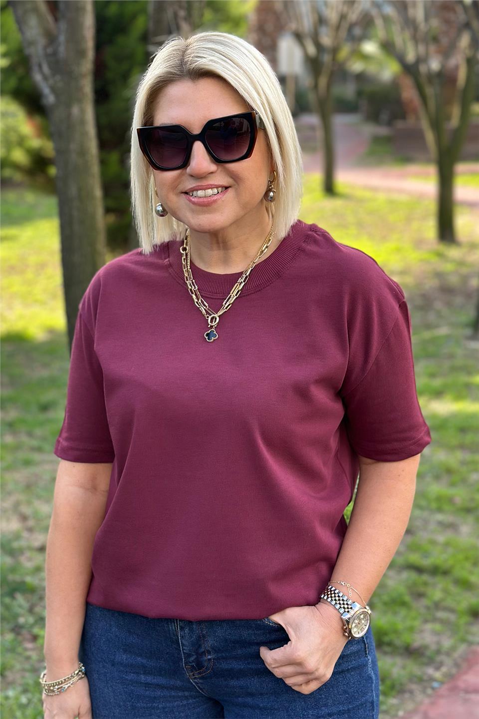 Bordo Bisiklet Yaka Basic TshirtUTS241131-BORDO-S