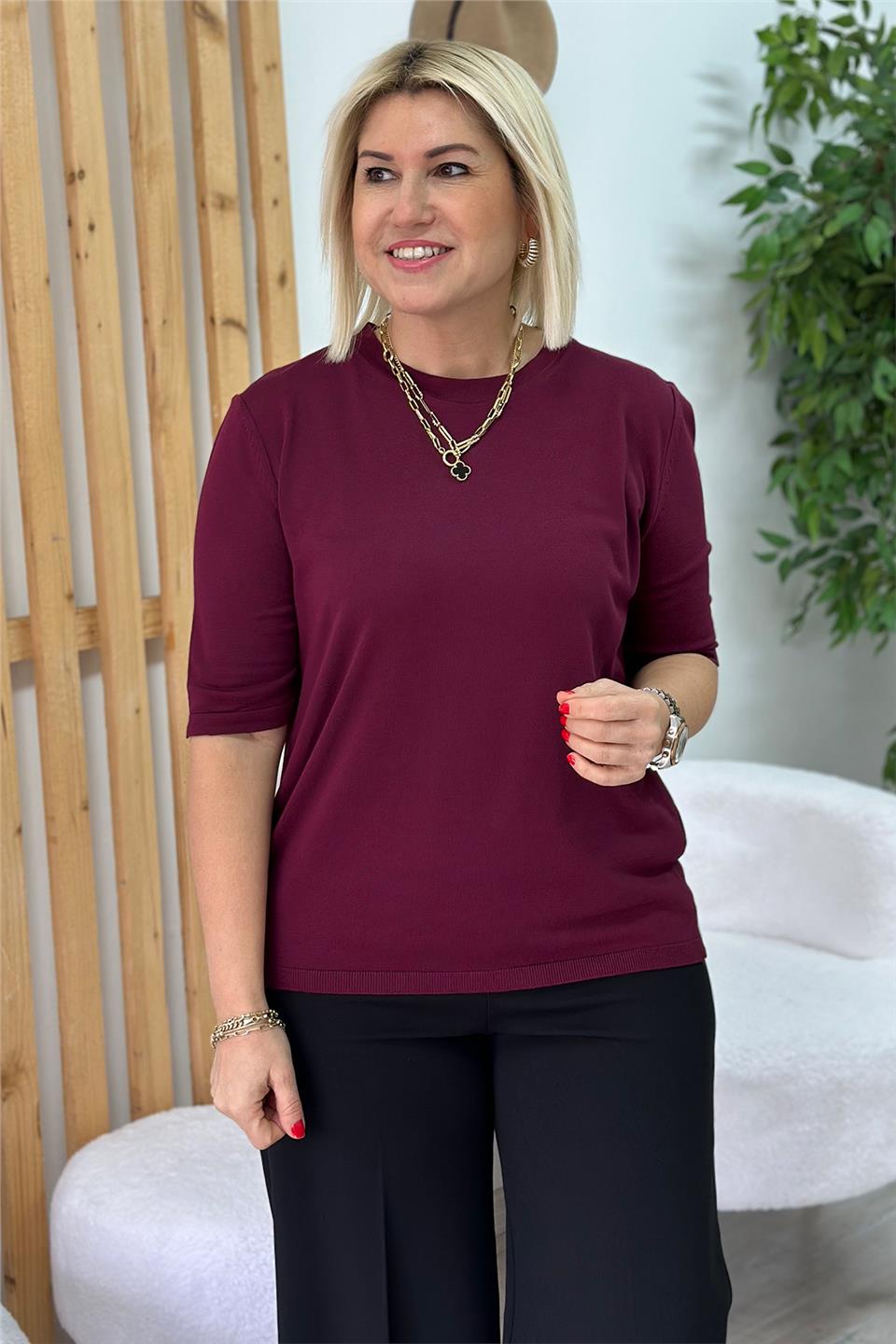 Bordo Bisiklet Yaka Kısa Kol Mevsimlik TrikoUT24110969-BORDO-STD