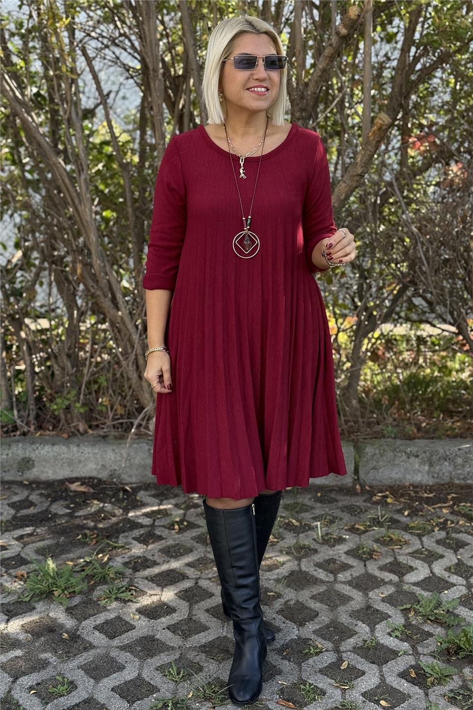 Bordo Bisiklet Yaka Kolyeli Pileli Kloş ElbiseELB25013123-BORDO-STD