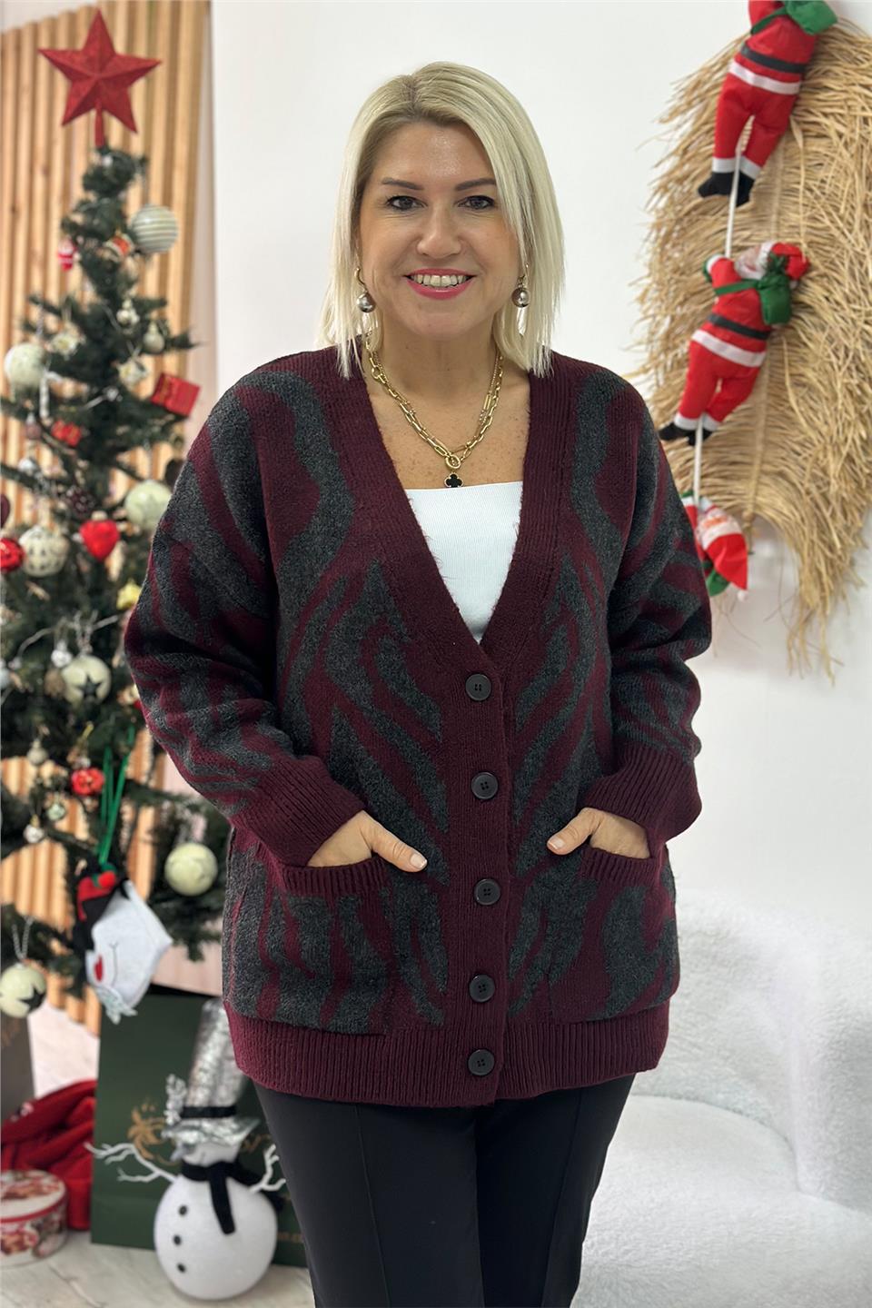 Bordo Cepli Salaş Desenli HırkaUH24110909-BORDO-STD