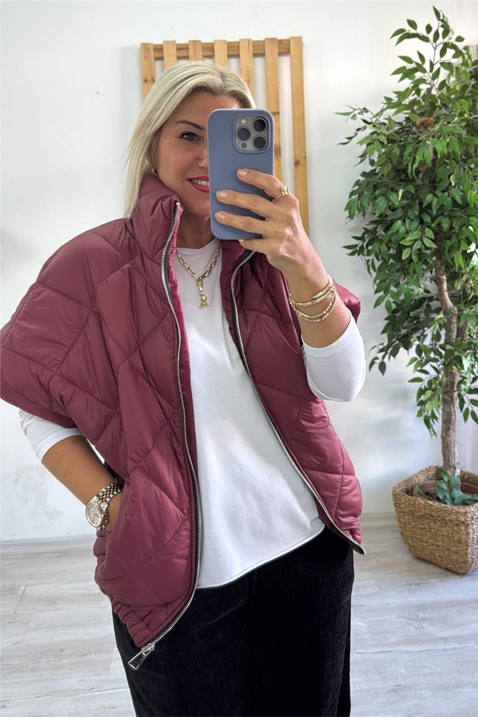 Bordo Dik Yaka Fermuarlı Cepli Şişme YelekDYL25000134-BORDO-STD