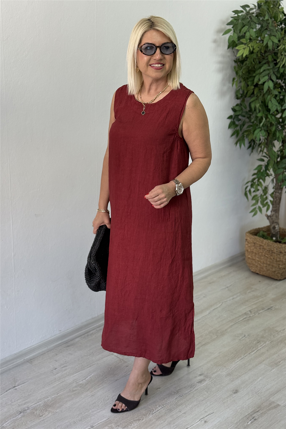 Bordo Düz Desen Sırt Dantelli Keten ElbiseELB26001024-BORDO-STD