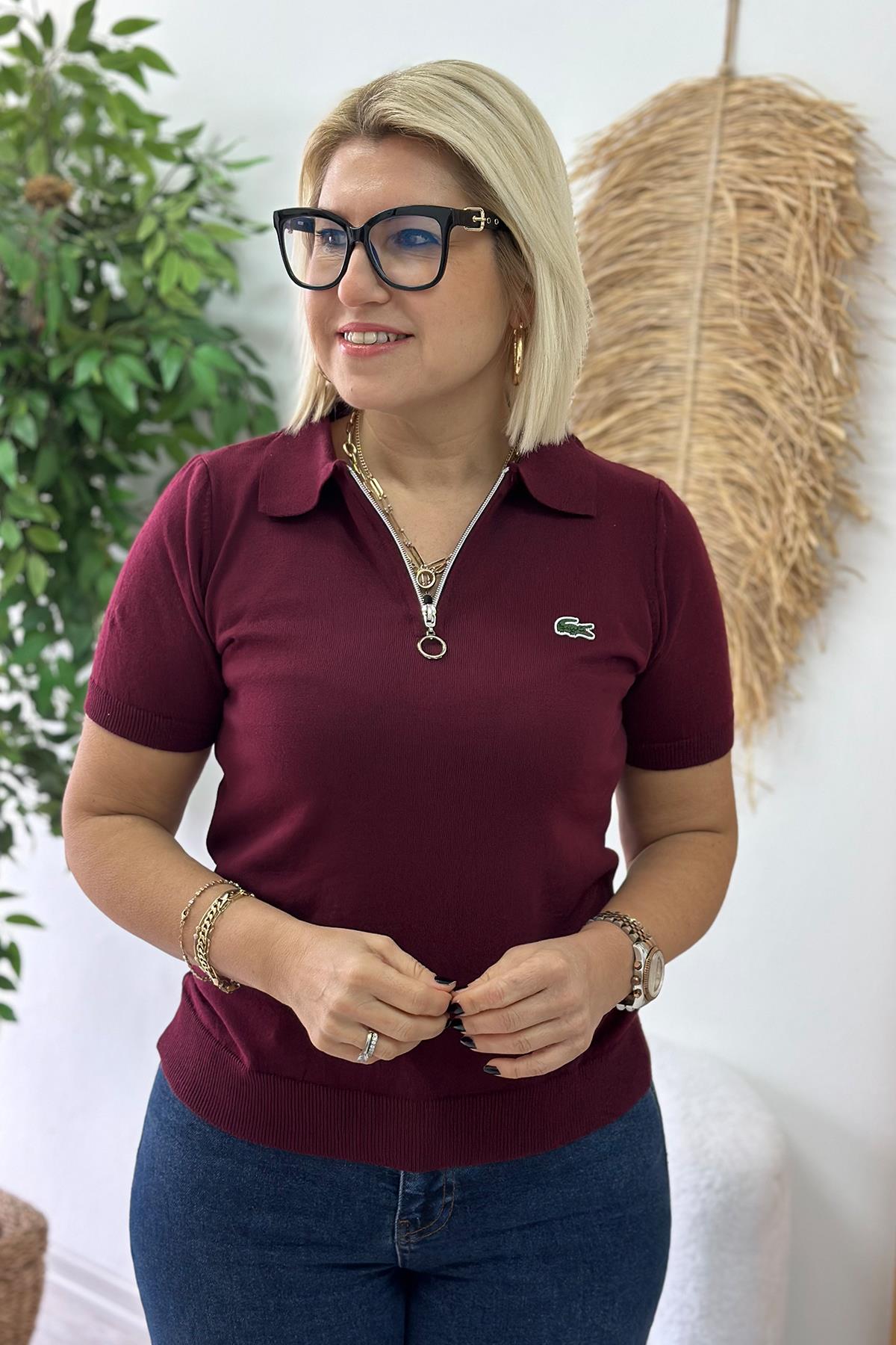 Bordo Fermuarlı Polo Yaka TrikoUT24110962-BORDO-S