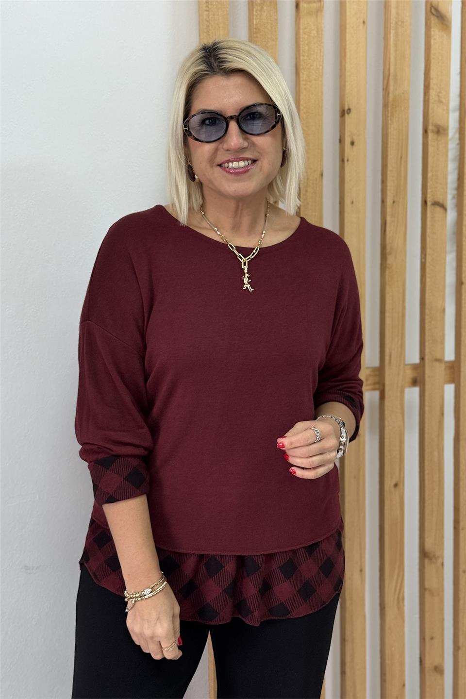 Bordo Fularlı Etek Ucu Ekose Lycralı BluzUBL2412258-BORDO-STD