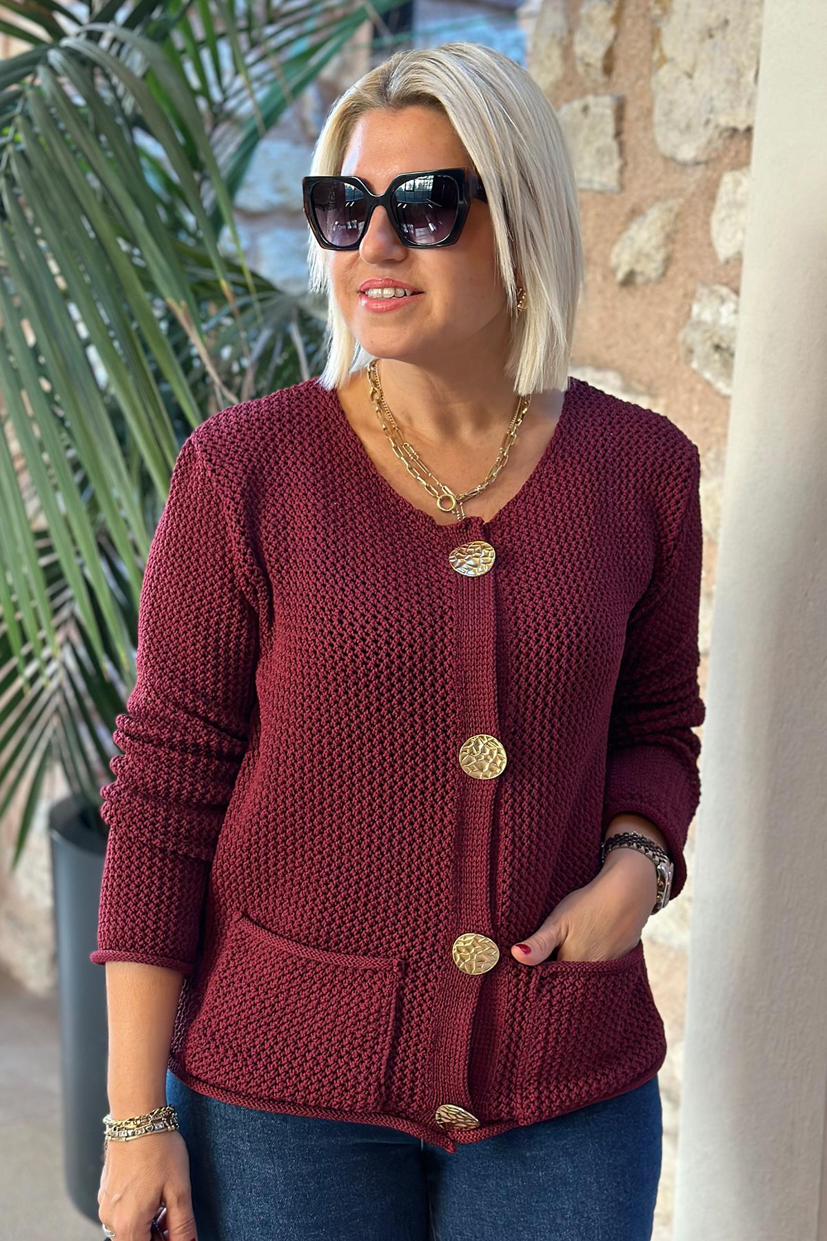 Bordo Gold Düğmeli Petek Dokulu Cepli HırkaDK2230156-BORDO-STD