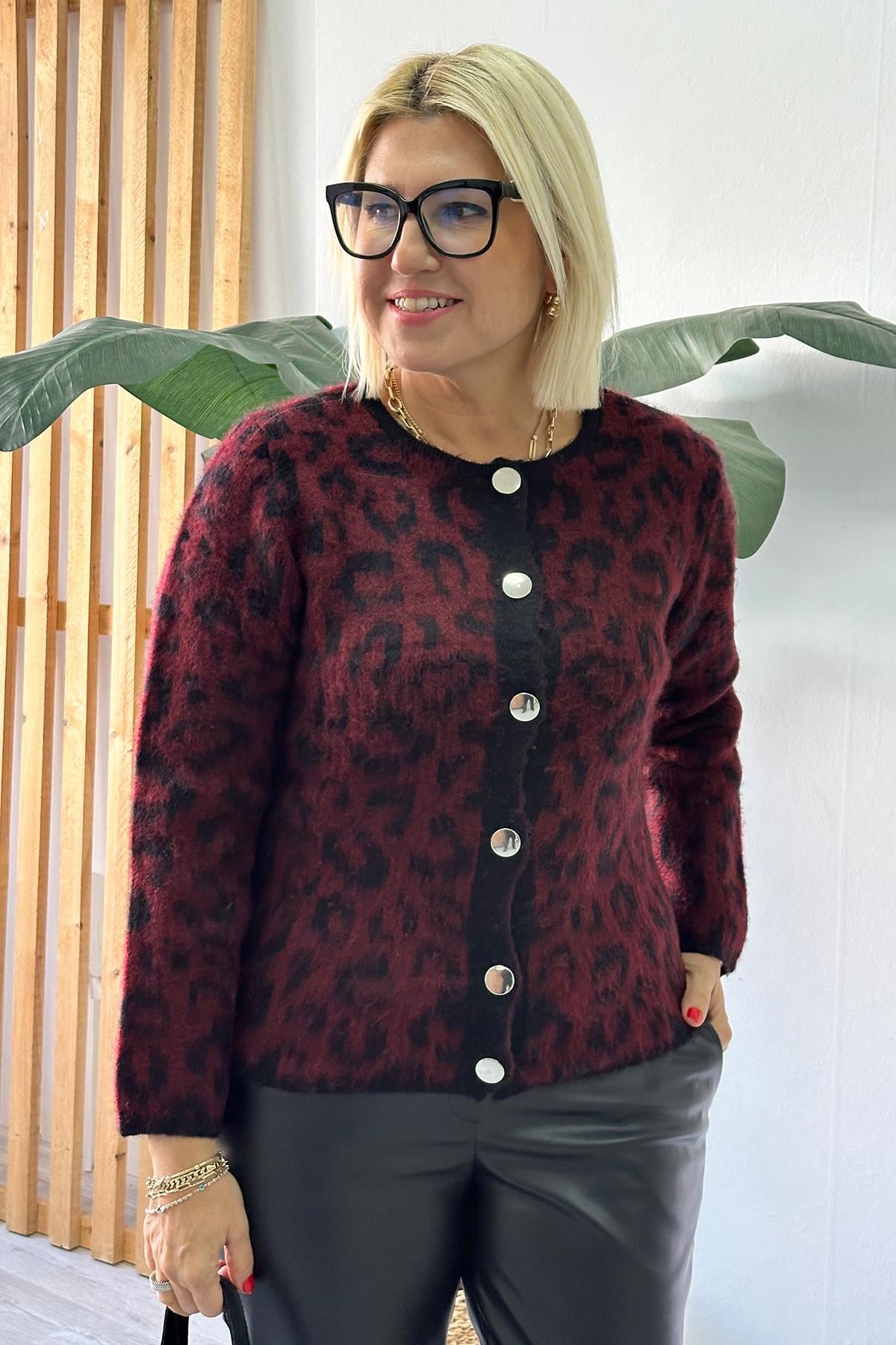 Bordo Gümüş Düğmeli Leopar HırkaUT24110910-BORDO-STD