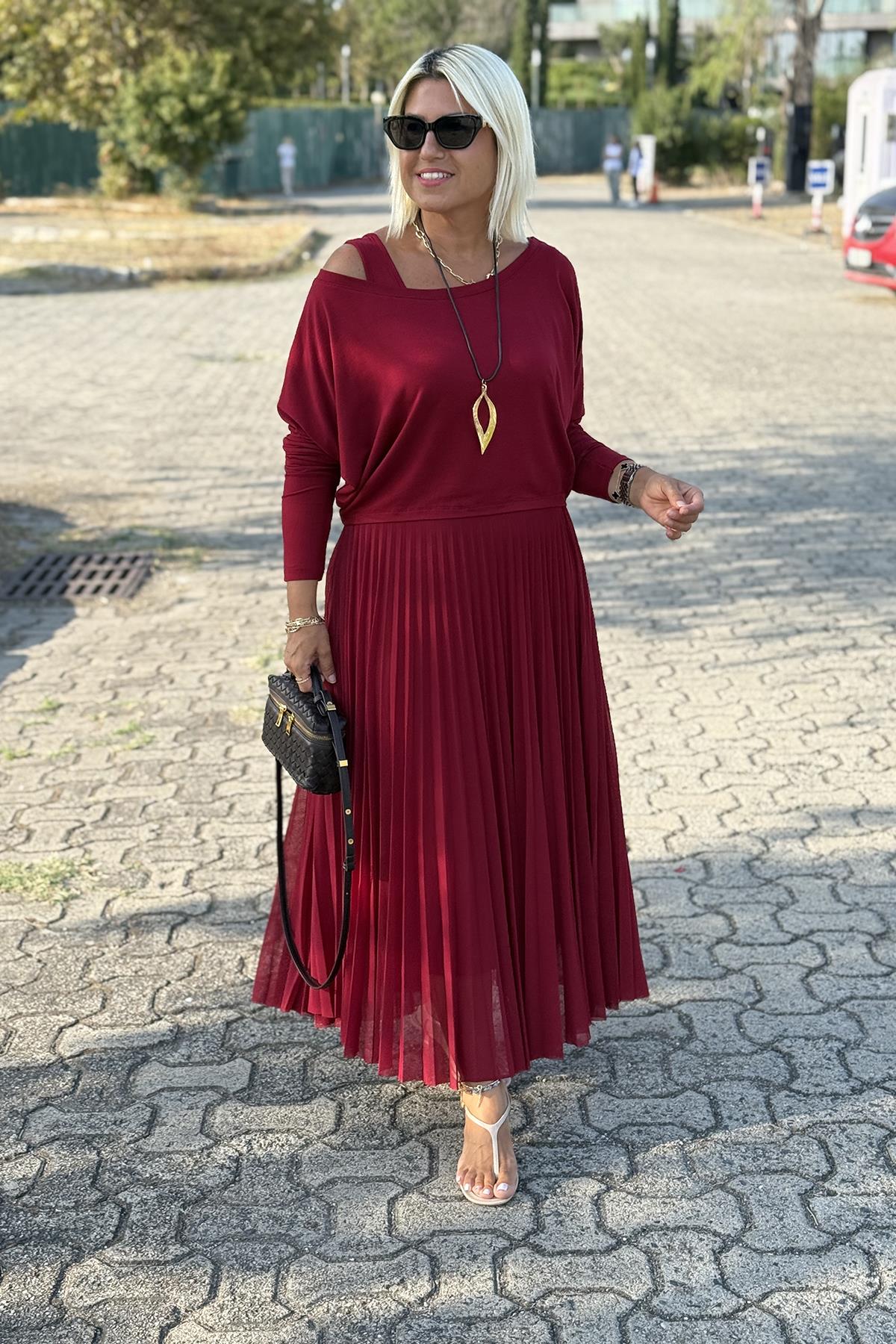 Bordo İki Parça Eteği Pileli Penye Elbise TakımELB2401349-BORDO-S