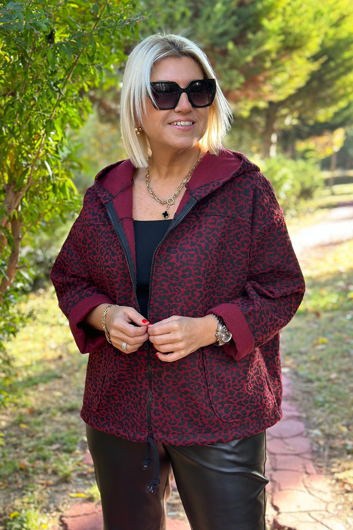 Bordo Kapşonlu Leopar Desenli MontDM24111903-BORDO-STD