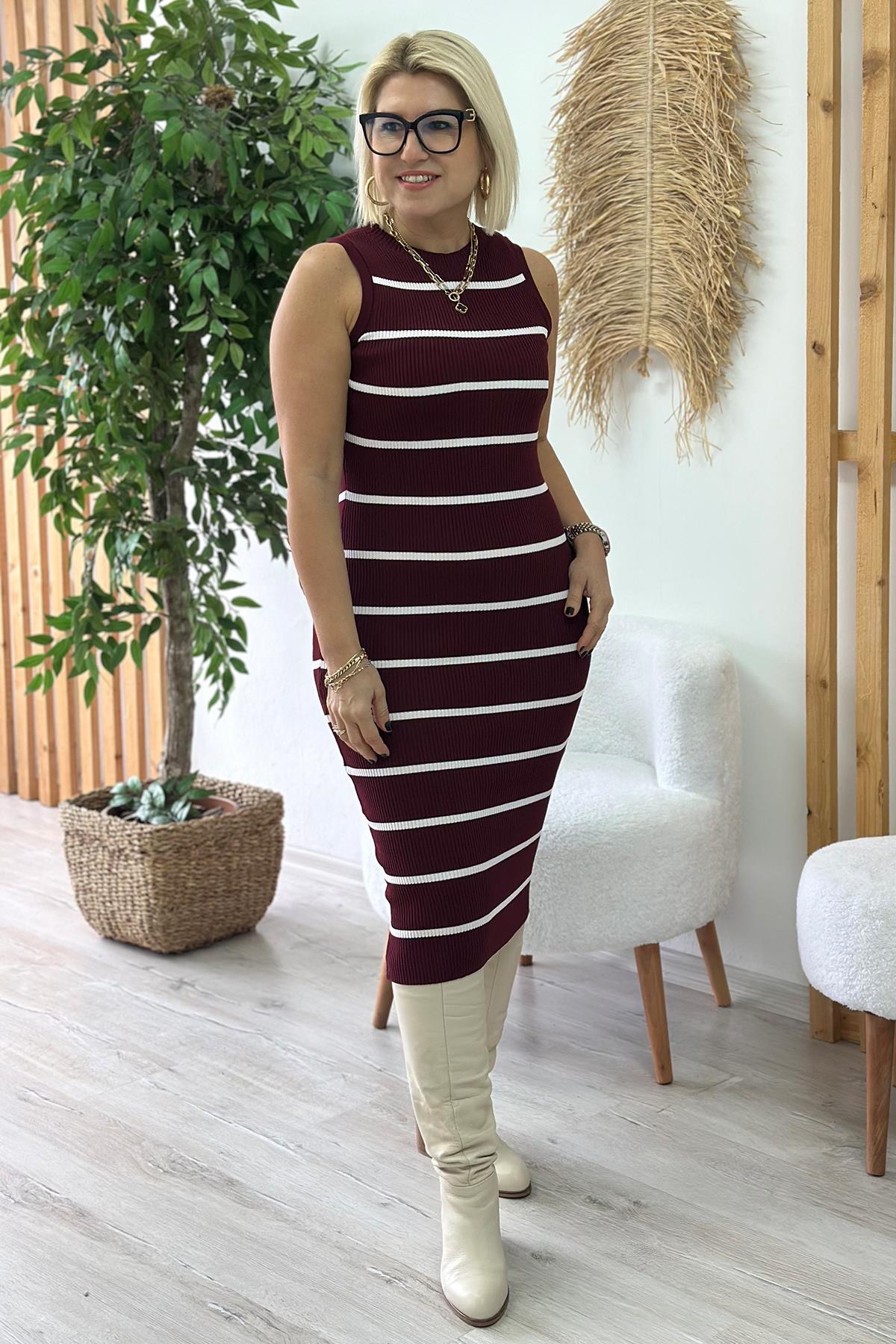 Bordo Kolsuz Çizgili Triko ElbiseELB2401215-BORDO-STD