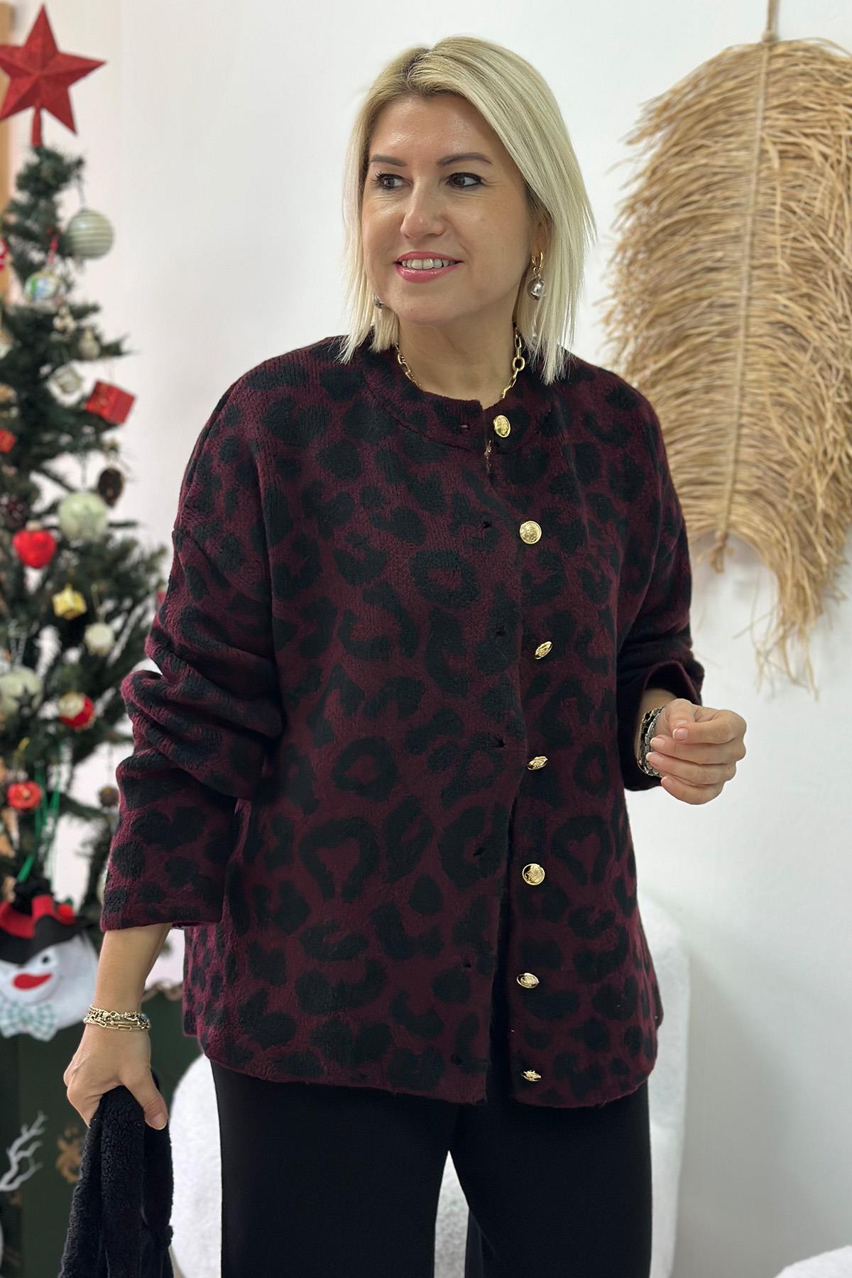 Bordo Leopar Desen Gold Düğmeli HırkaUH24110915-BORDO-STD