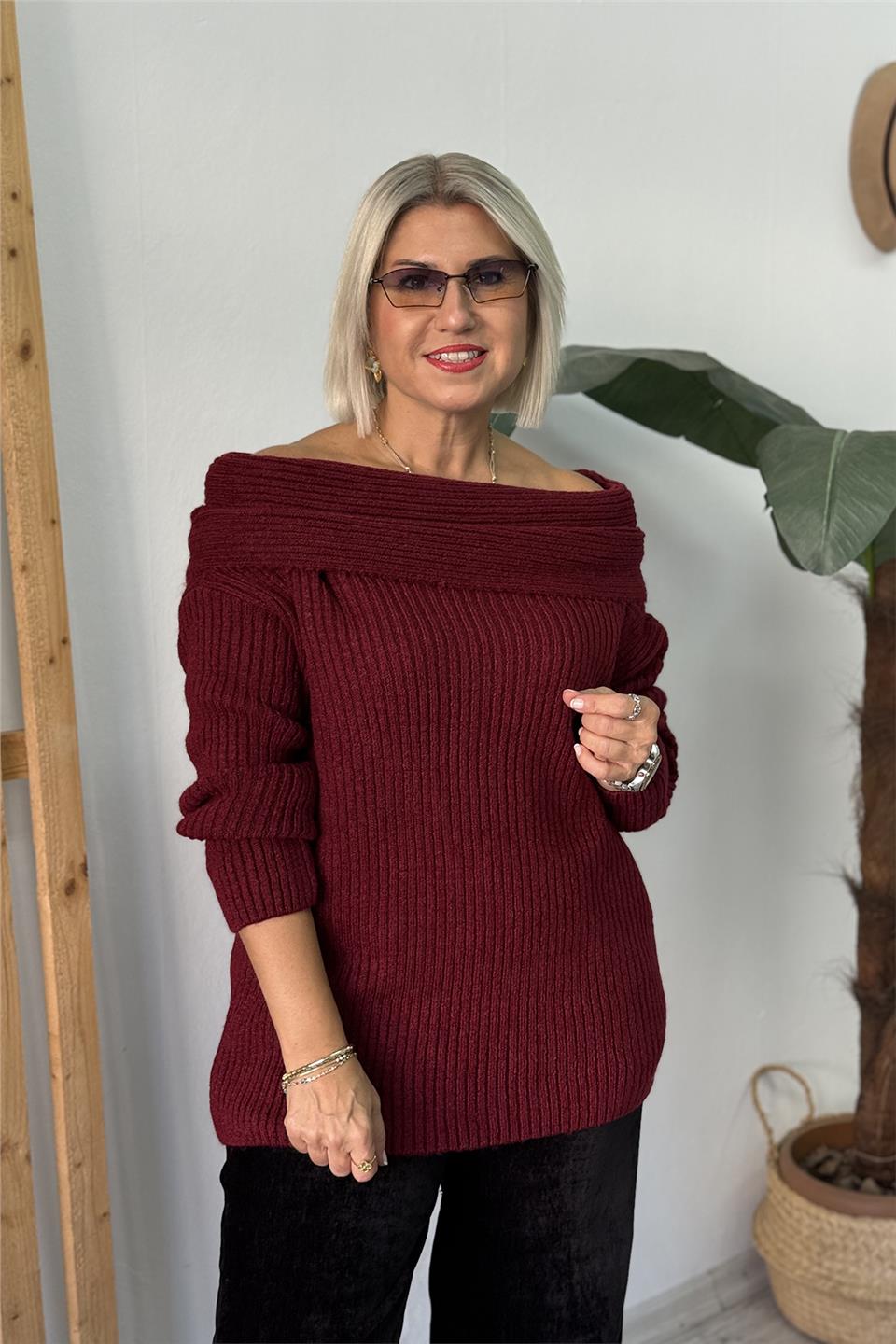 Bordo Madonna Yaka Örme Tunik KazakUT24111005-BORDO-STD