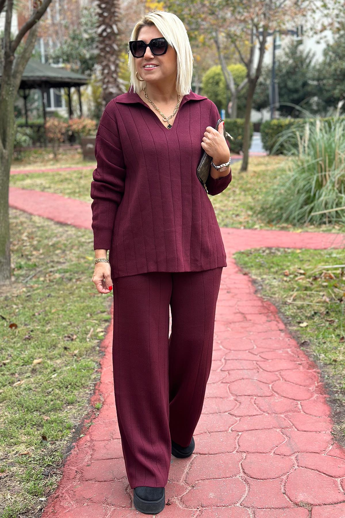 Bordo Polo Yaka Çizgi Desenli Triko TakımUK2260386-BORDO-STD